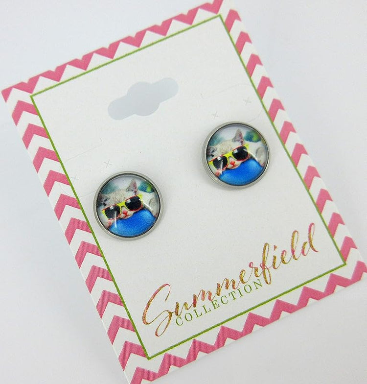 Summerfield Collection Stainless Steel Cat Lover Printed Glass Stud Earrings 12mm (Cool Cat)