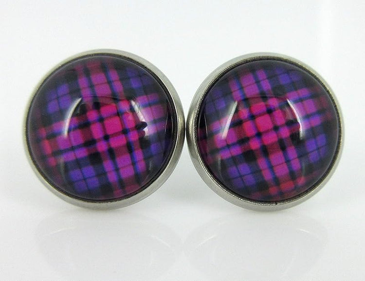 Summerfield Collection Stainless Steel Duo Stud Earrings Plaid Print Glass 12mm Set (Dark)