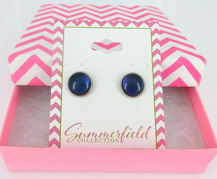 Summerfield Collection Stainless Steel Dark Blue Teal Purple Glass Stud Earrings Hand-painted 10mm