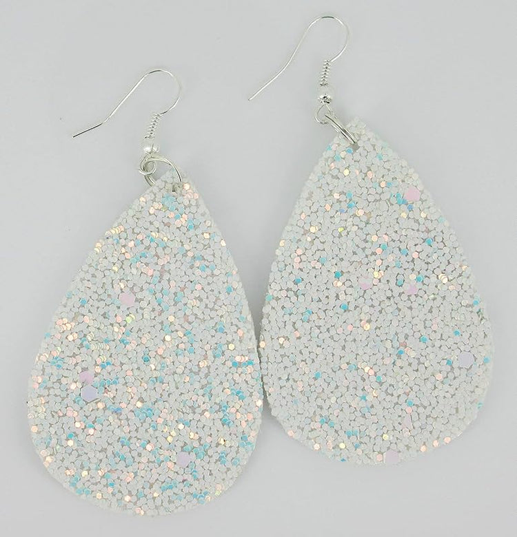 Summerfield Collection Silver-tone Glitter Faux Leather Large Teardrop Dangle Earrings (White w/Pink and Lt Blue)