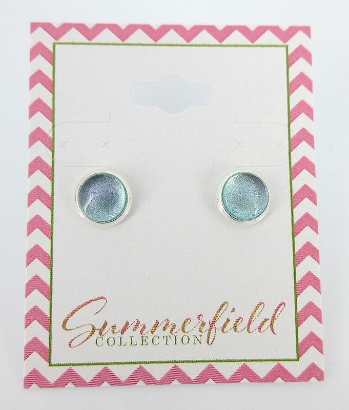 Summerfield Collection Silver-tone Light Blue Purple Pink Color Shift Glitter Glass Stud Earrings Hand-painted 8mm