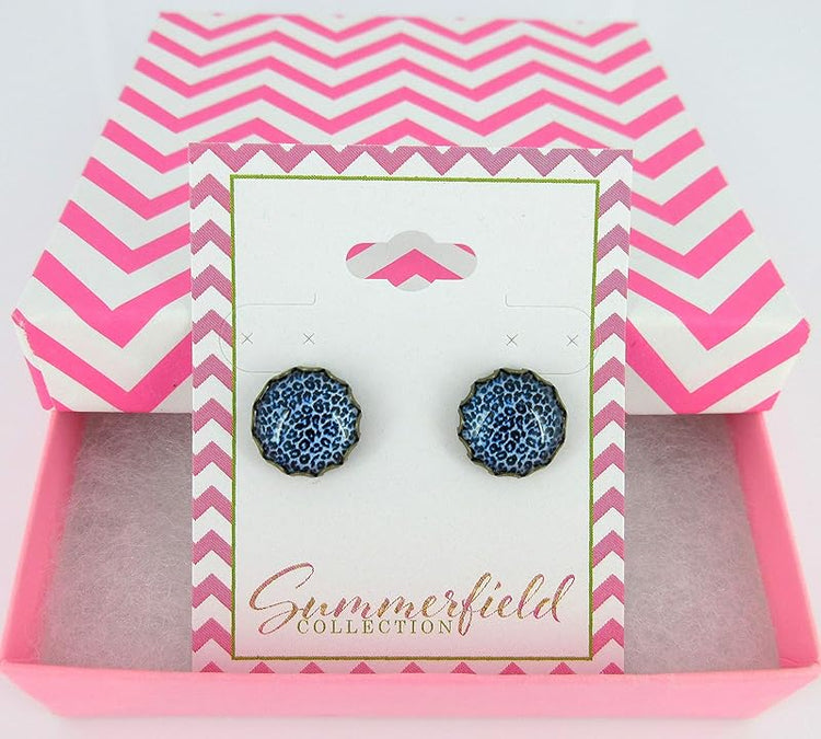 Summerfield Collection Antiqued Gold-tone Animal Print Glass Stud Earrings 12mm (Med Blue)