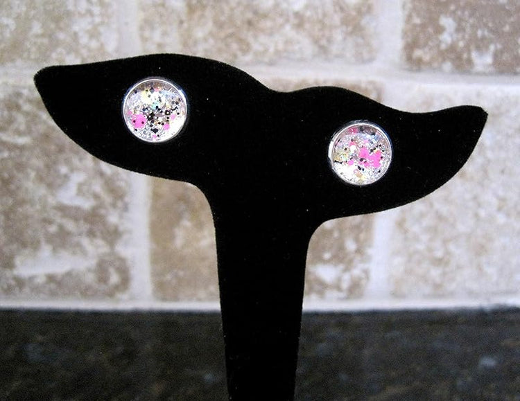 Summerfield Collection Silver-Tone Neon Pink Gold and Black Glitter Glass Stud Earrings 1/2" Round