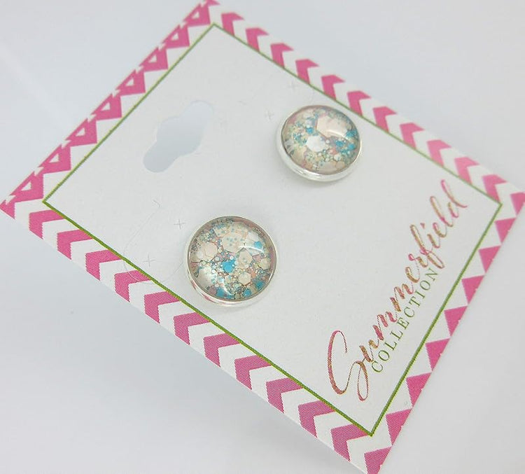 Summerfield Collection Silver-tone Pink Aqua Blue White and Lime Green Glitter Glass Stud Earrings Hand-painted 12mm