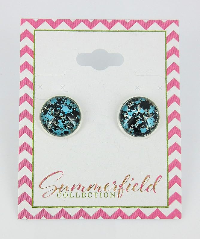 Summerfield Collection Silver-tone Aqua Blue and Black Glitter Glass Stud Earrings Hand-painted 12mm