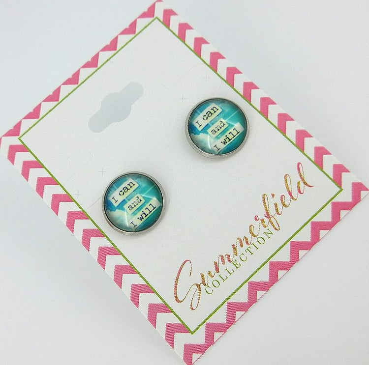 Summerfield Collection Stainless Steel I Can and I Will Print Glass Stud Earrings 12mm Blue