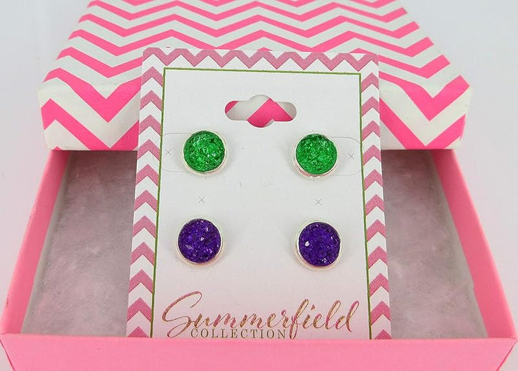Summerfield Collection Duo Silver-tone Faux Druzy Stone Stud Earrings 8mm Set (Deep Purple/Green)