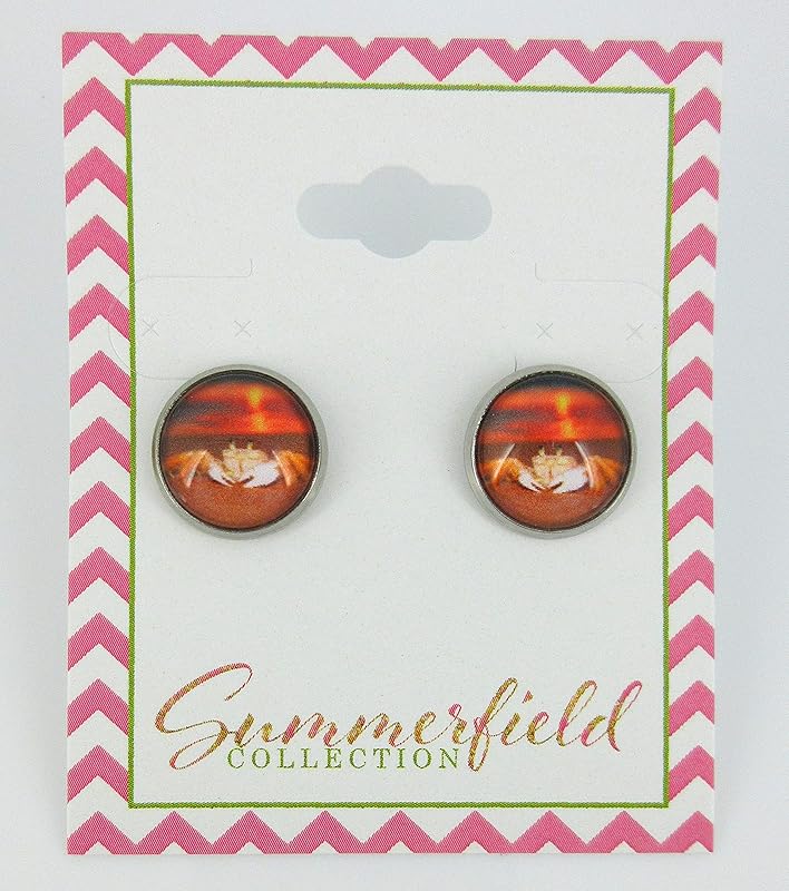 Summerfield Collection Stainless Steel Sunset Crab on the Beach Print Glass Stud Earrings 12mm