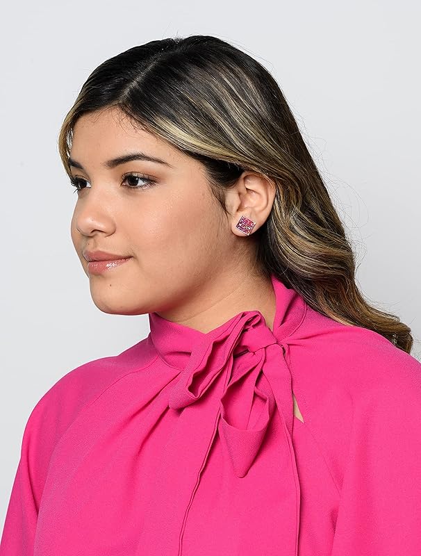Summerfield Collection Silver-tone Geometric Square Shaped Flat Faux Druzy Stud Earrings 12mm (Hot Pink)