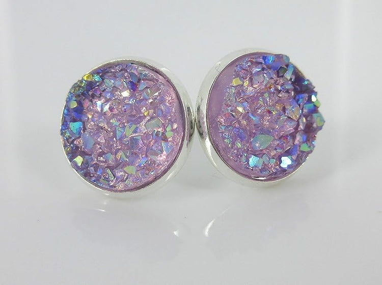 Summerfield Collection Trio Silver-tone Stud Earrings Faux Druzy Stone Sea Blue Lavender AB White Set 12mm
