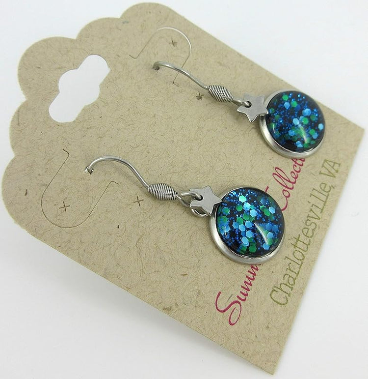 Summerfield Collection Stainless Steel Blue Green Glitter Glass Star Charm Galaxy Dangle Earrings Hand-painted