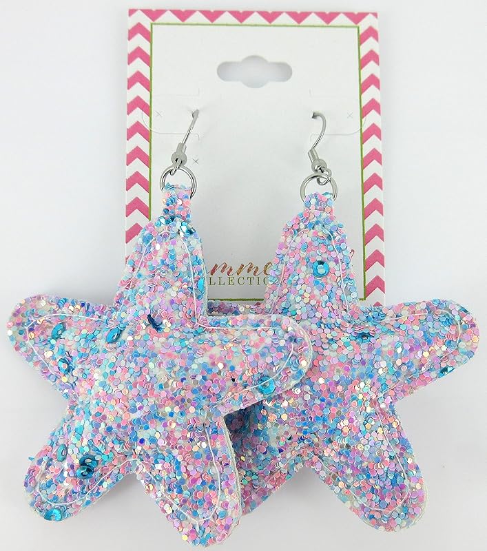 Summerfield Collection Stainless Steel Pastel Glitter Faux Leather Large Puffy Star Dangle Earrings (Lavender Purple)