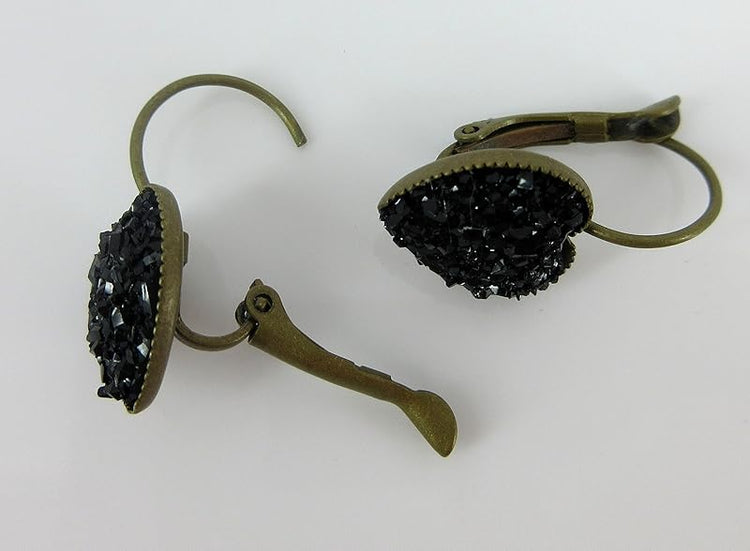 Summerfield Collection Antiqued Gold-tone Black Heart Faux Druzy Stone Lever-back Drop Earrings 12mm