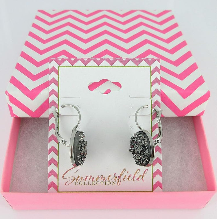 Summerfield Collection Stainless Steel Faux Druzy Stone Lever-back Drop Earrings 14mm (Gunmetal Gray)