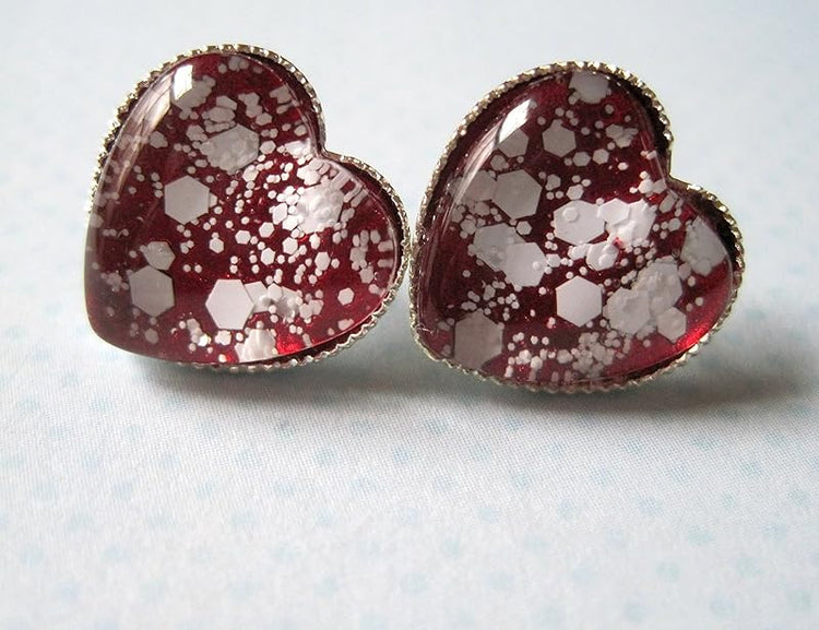 Summerfield Collection Silver-tone Red and White Glitter Glass Heart Stud Earrings Hand-painted