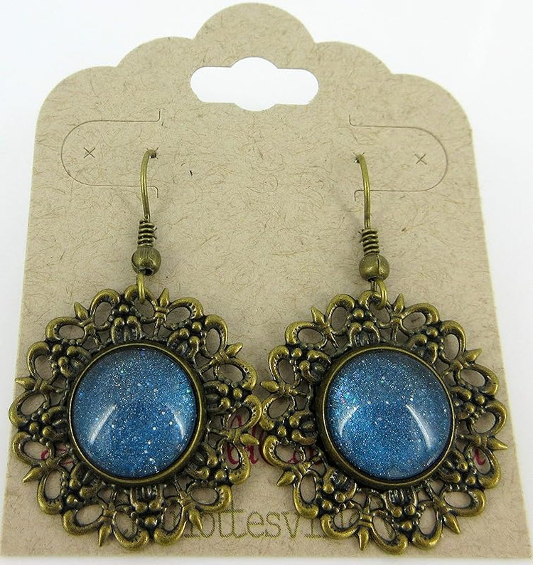 Summerfield Collection Antiqued Gold-tone Blue Glitter Glass Medallion Dangle Earrings Hand-painted