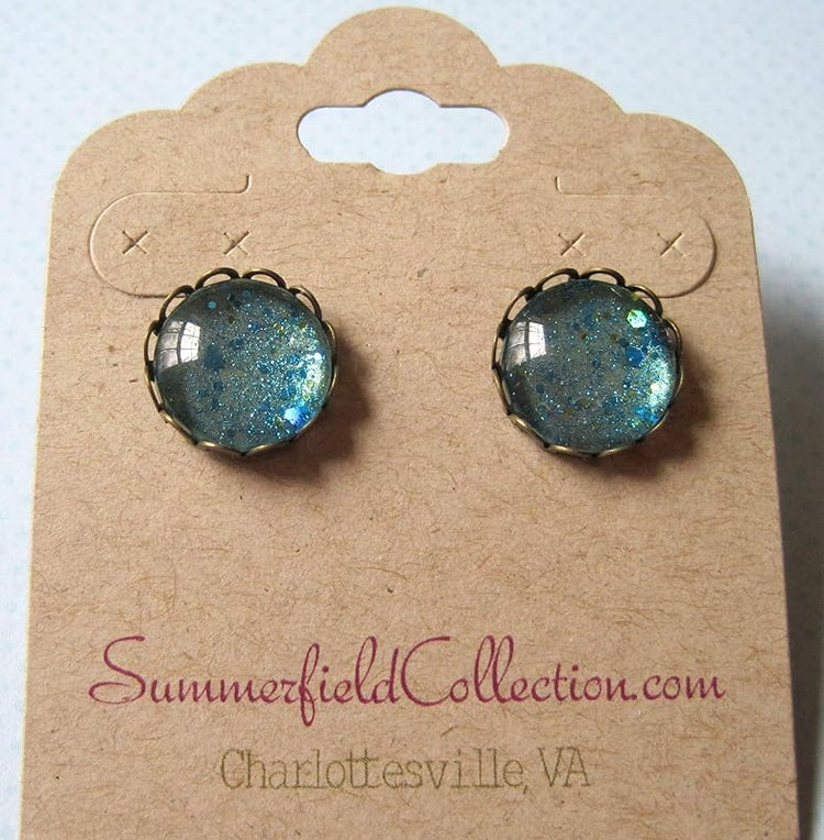 Summerfield Collection Antiqued Gold-tone Seafoam Green and Blue Glitter Glass Stud Earrings Hand-painted 12mm