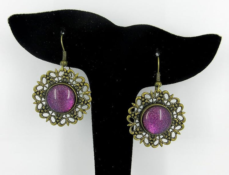 Summerfield Collection Antiqued Gold-tone Purple Glitter Glass Medallion Dangle Earrings Hand-painted