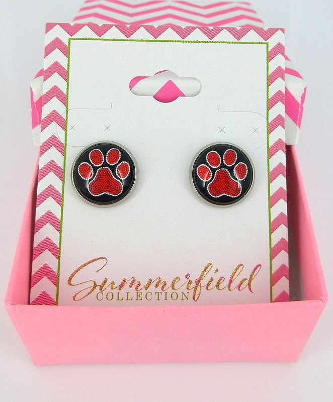 Summerfield Collection Stainless Steel Paw Print Glass Stud Earrings 12mm (Red)