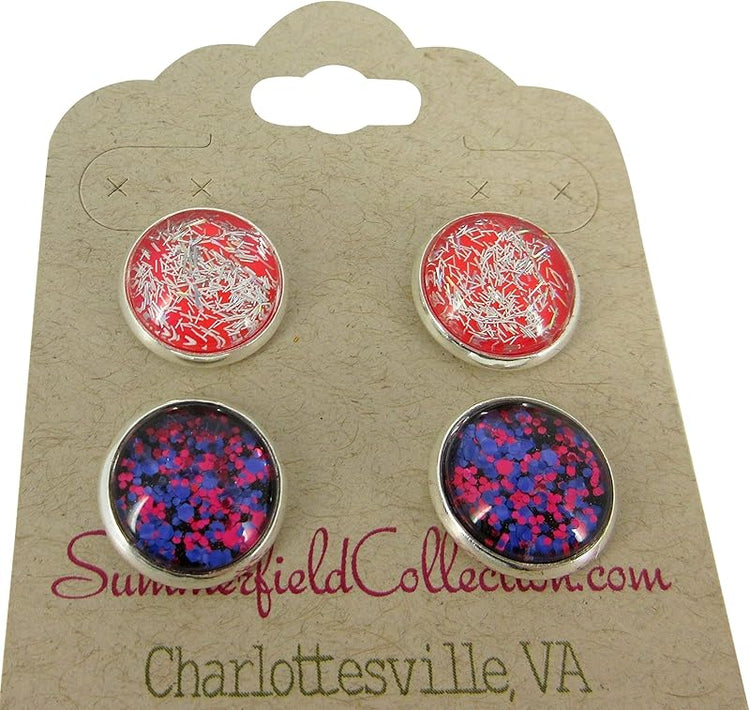 Summerfield Collection Duo Silver-tone Stud Earrings Neon Bar and Purple Pink Black Glitter Glass 12mm Hand-painted