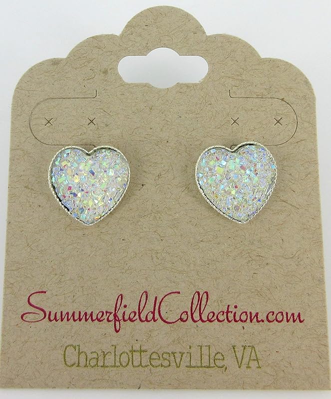 Summerfield Collection Silver-tone Heart Faux Druzy Stone Stud Earrings 12mm (Clear AB)