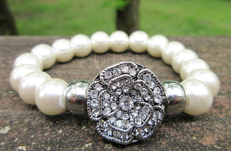 Summerfield Collection Interchangeable Snap Bracelet 3 Charm Set Mint Glitter Glass Faux Pearl Stretch