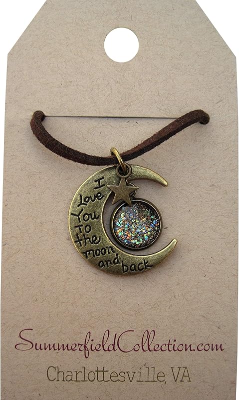 Summerfield Collection Antiqued Gold-Tone Glitter Glass I Love You to the Moon and Back Pendant Necklace Brown Faux Suede