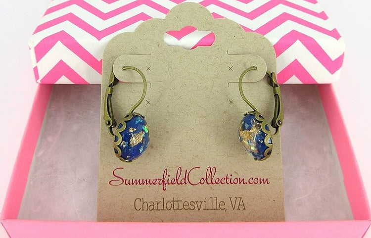 Summerfield Collection Antiqued Gold-tone Opalescent Leaf Resin Lever-back Drop Earrings (Blue)