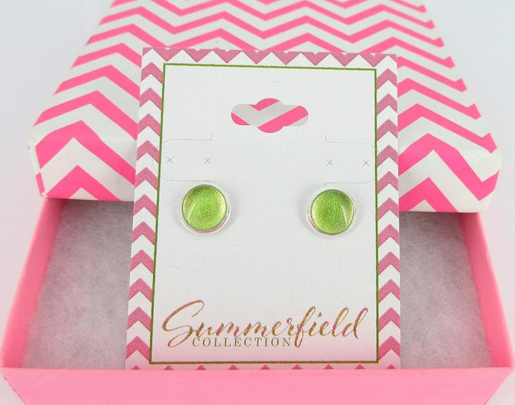 Summerfield Collection Silver-tone Lime Green Color Shift Glitter Glass Stud Earrings Hand-painted 8mm