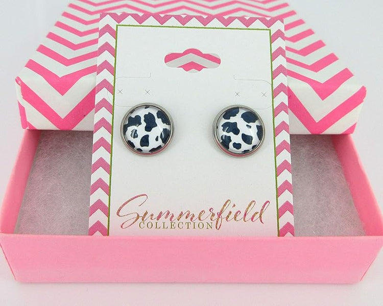 Summerfield Collection Stainless Steel Cow Animal Print Glass Stud Earrings 12mm Black (Black)