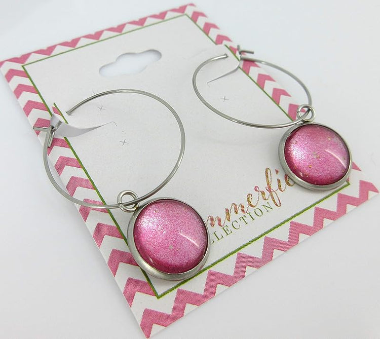 Summerfield Collection Stainless Steel Pink and Silver Glitter Glass Charm Hoop Earrings Hand-painted 1"