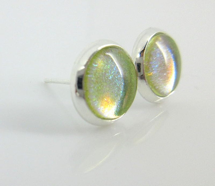 Summerfield Collection Silver-tone Lime Green Color Shift Glitter Glass Stud Earrings Hand-painted 8mm