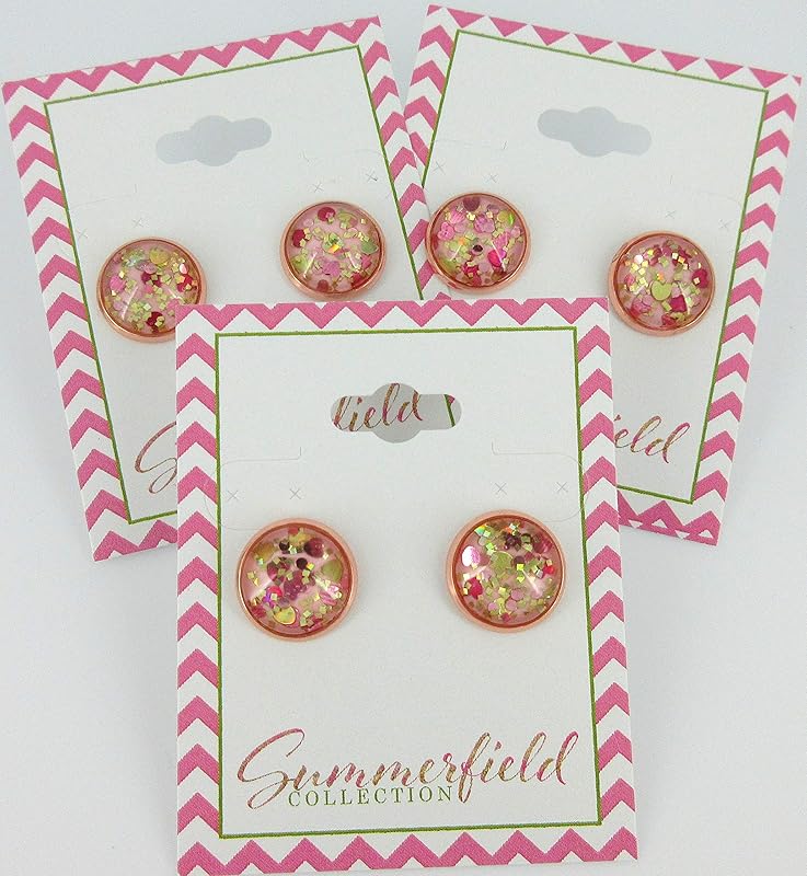 Summerfield Collection Rose Gold-tone Heart and Square Glitter Glass Stud Earrings Hand-painted 12mm