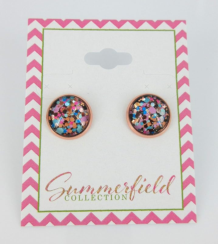 Summerfield Collection Rose Gold-tone Blue Pink Purple Glitter Glass Stud Earrings 12mm Hand-painted