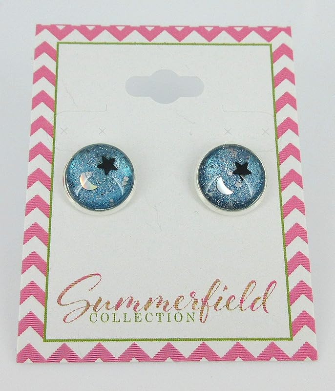 Summerfield Collection Silver-tone Star and Moon Holographic Glitter Glass Galaxy Stud Earrings Hand-painted 12mm