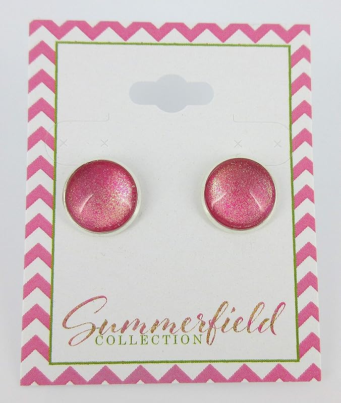 Summerfield Collection Silver-tone Pink and Gold Shimmer Glitter Glass Stud Earrings Hand-painted 12mm