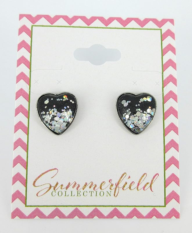 Summerfield Collection Stainless Steel Black and Silver Glitter Glass Heart Stud Earrings Hand-painted