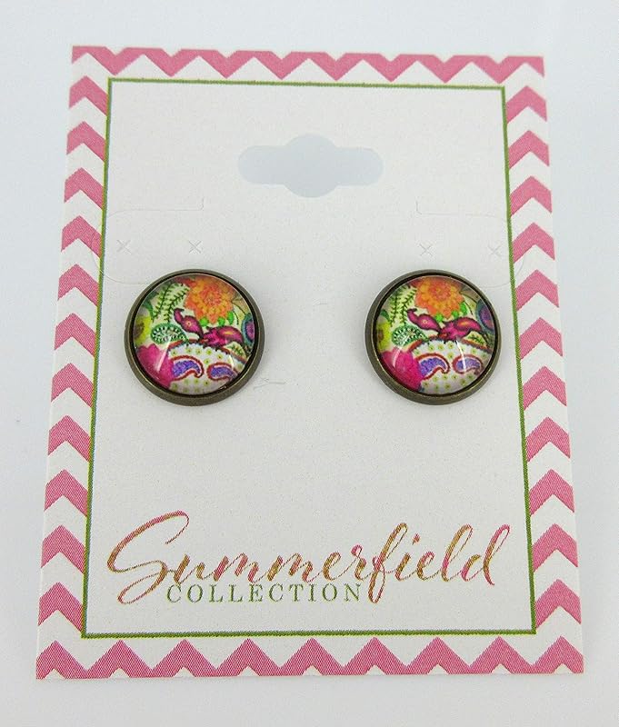 Summerfield Collection Antiqued Gold-tone Paisley Print Glass Stud Earrings 12mm