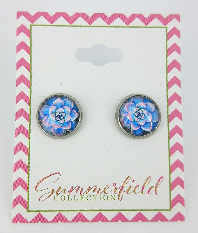 Summerfield Collection Stainless Steel Succulent Plant Print Glass Stud Earrings 12mm (Blue/Pink)