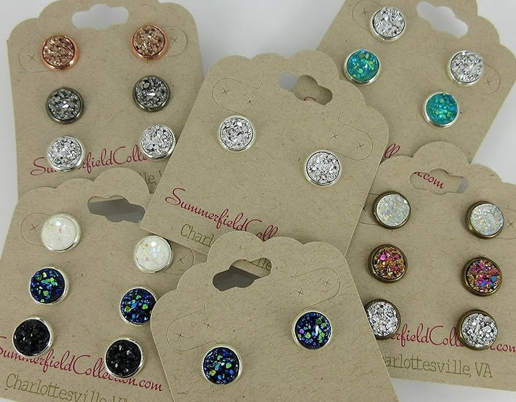Summerfield Collection Silver-tone Metallic Faux Druzy Stone Stud Earrings 8mm (Silver)