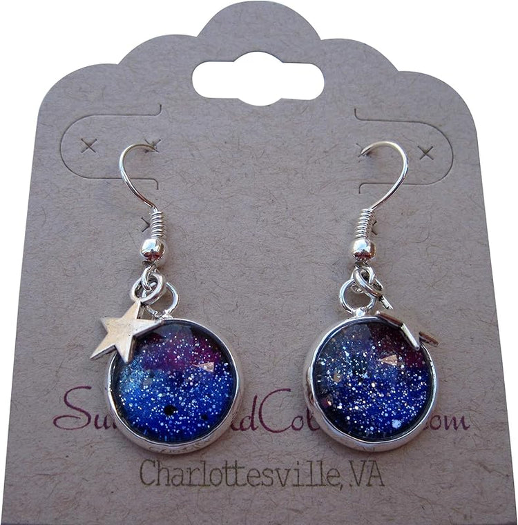 Summerfield Collection Silver-tone Glitter Glass Star Charm Galaxy Dangle Earrings Blue Purple Teal Hand-painted