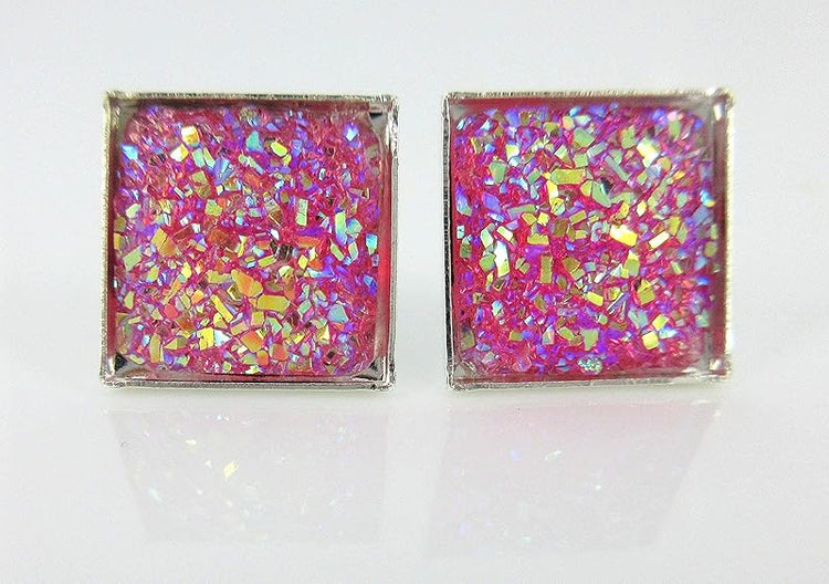 Summerfield Collection Silver-tone Geometric Square Shaped Flat Faux Druzy Stud Earrings 12mm (Hot Pink)