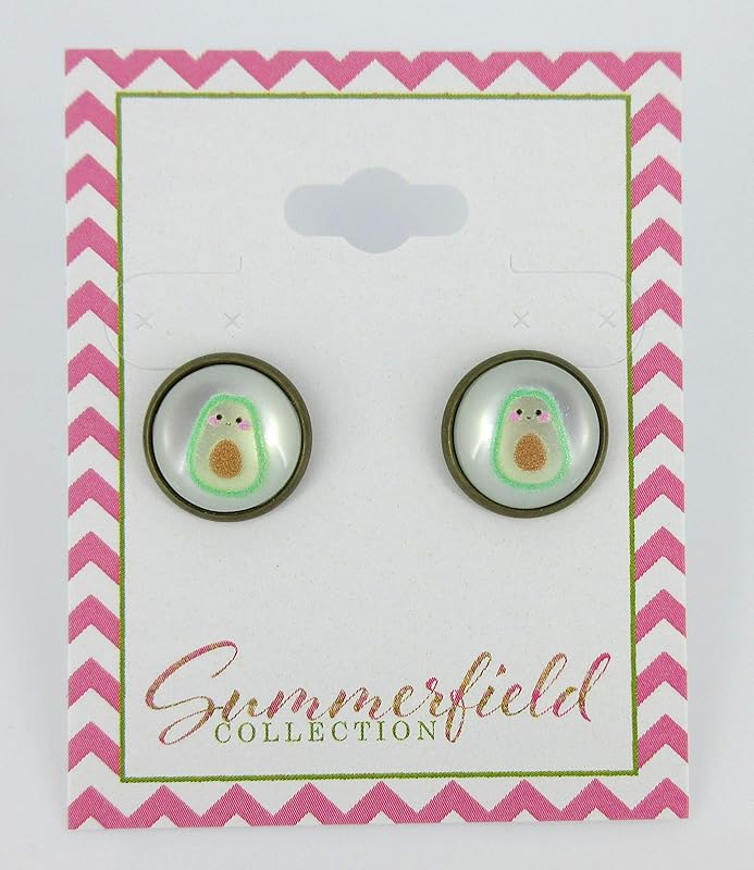 Summerfield Collection Antiqued Gold-tone Fruit Print Frosted Resin Stud Earrings 12mm (Avocado Face)