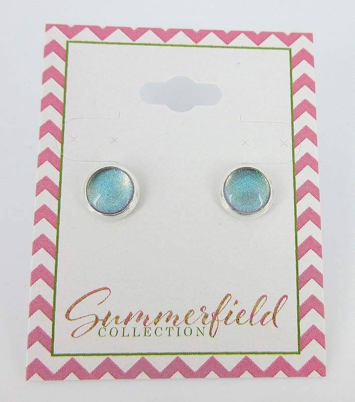 Summerfield Collection Silver-tone Blue Gray Purple Color Shift Glitter Glass Stud Earrings Hand-painted 8mm