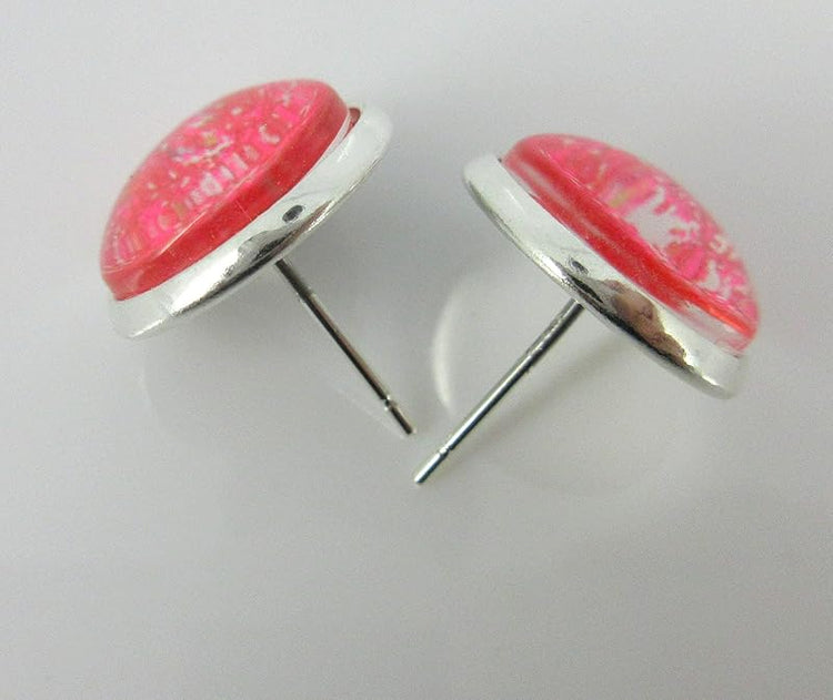Summerfield Collection Trio Silver-tone Stud Earrings Neon Pink Yellow and Blue Glitter Glass Set 12mm Hand-painted