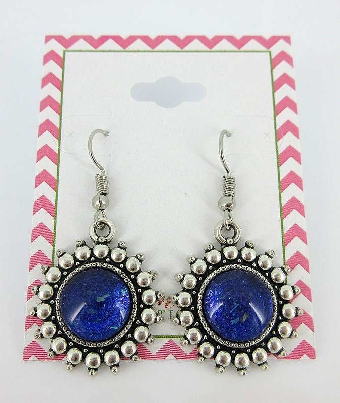 Summerfield Collection Antiqued Silver-tone Purple and Blue Glitter Glass Dangle Earrings Hand-painted