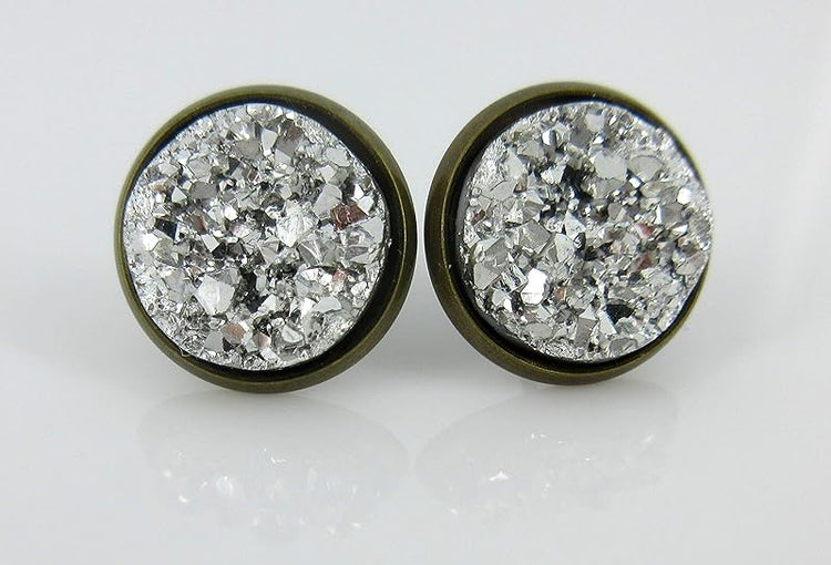 Summerfield Collection Trio Antiqued Gold-tone Stud Earrings 12mm Faux Druzy Stone Silver Metallic Blue Pink Set
