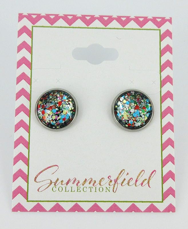 Summerfield Collection Stainless Steel Multi Color Party Confetti Glitter Glass Stud Earrings Hand-painted 12mm
