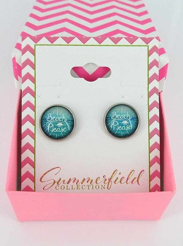 Summerfield Collection Stainless Steel Beach Please Print Glass Stud Earrings 12mm