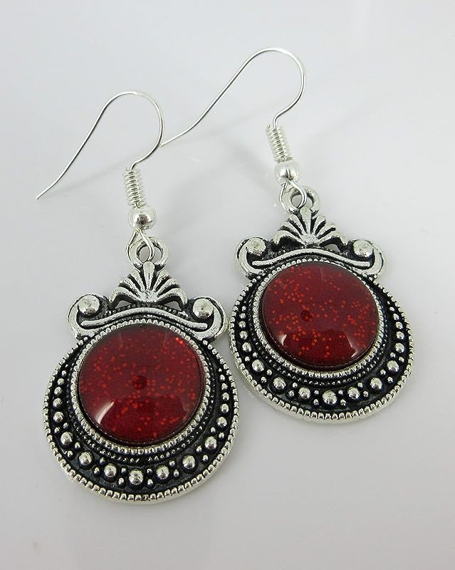 Summerfield Collection Antiqued Silver-tone Metallic Red Glitter Glass Dangle Earrings Hand-painted